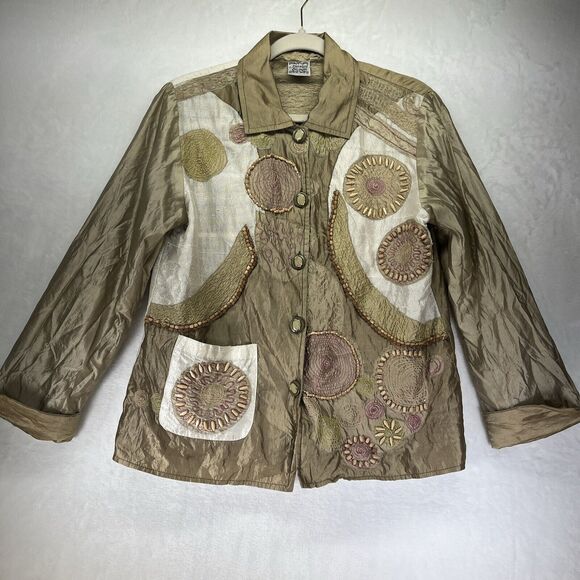 Parsley & Sage Silk Button Front Beaded Jacket Women’s Sz Medium Patchwork Artsy - Picture 1 of 11
